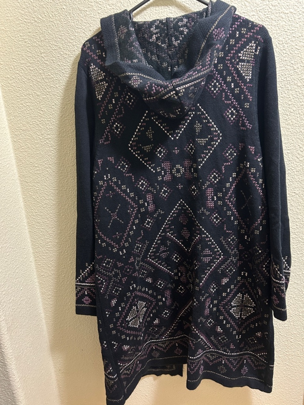 CJ Banks Black Knit Hooded Cardigan with Purple and Tan Accents size 1X - Picture 3 of 4